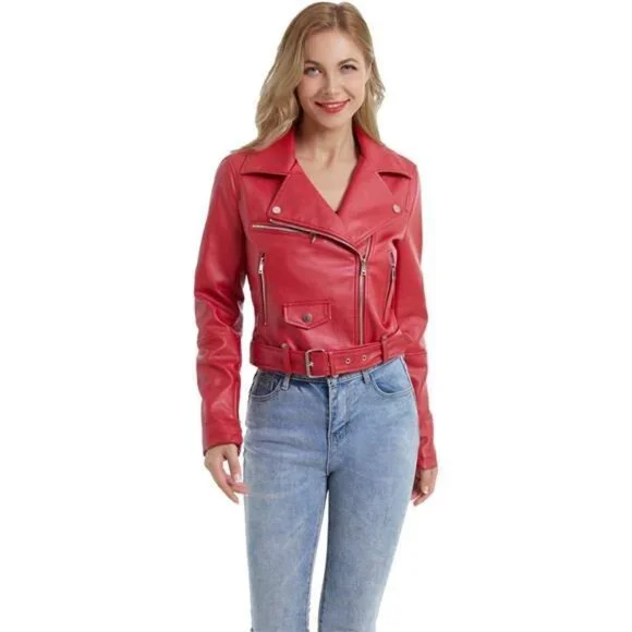 Faux Leather Jacket, Crop Short Cropped Red